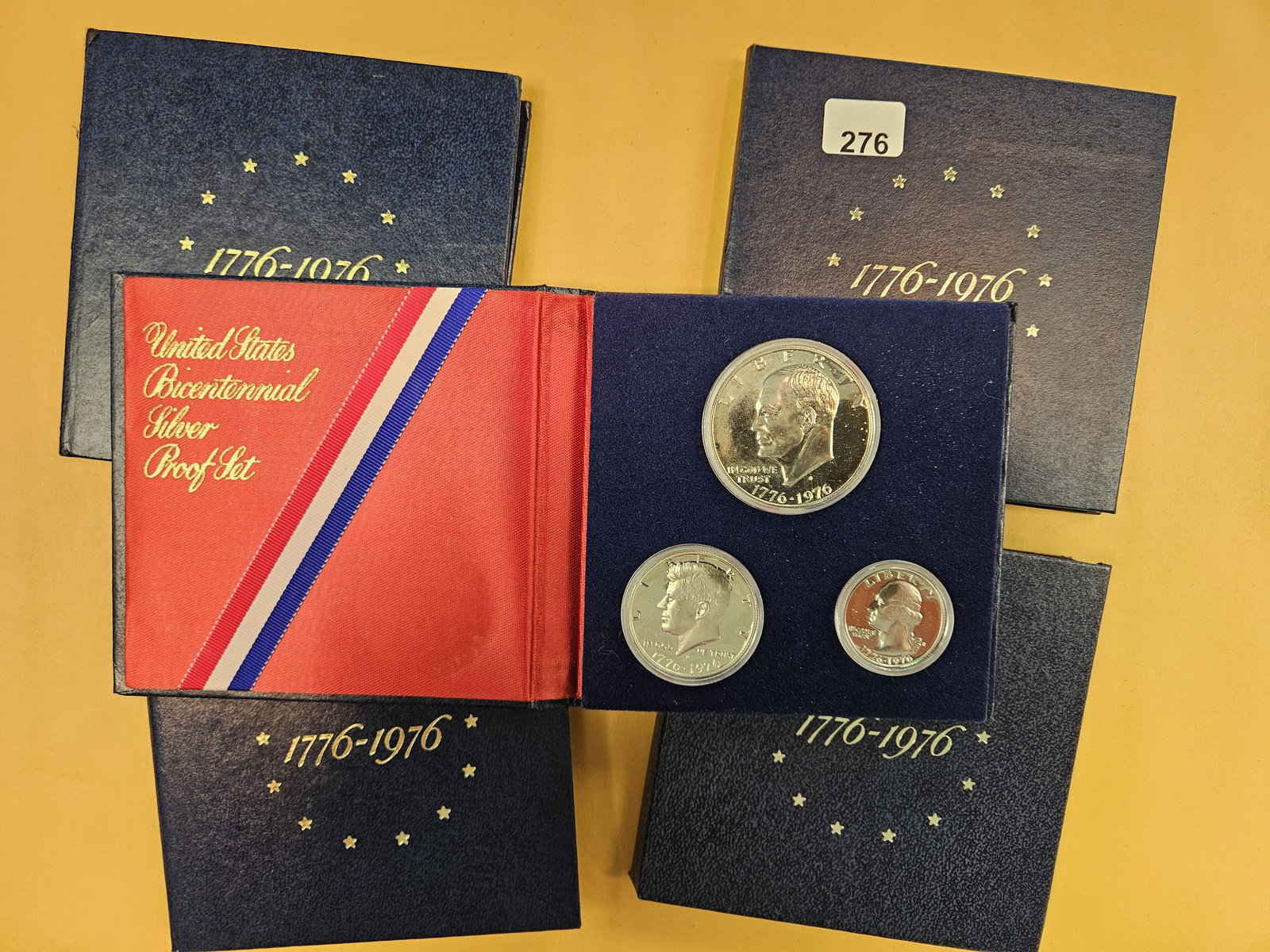 Five GEM Proof Silver 3-coin Bicentennial Sets: All in original hard packs but no outer case or COAs