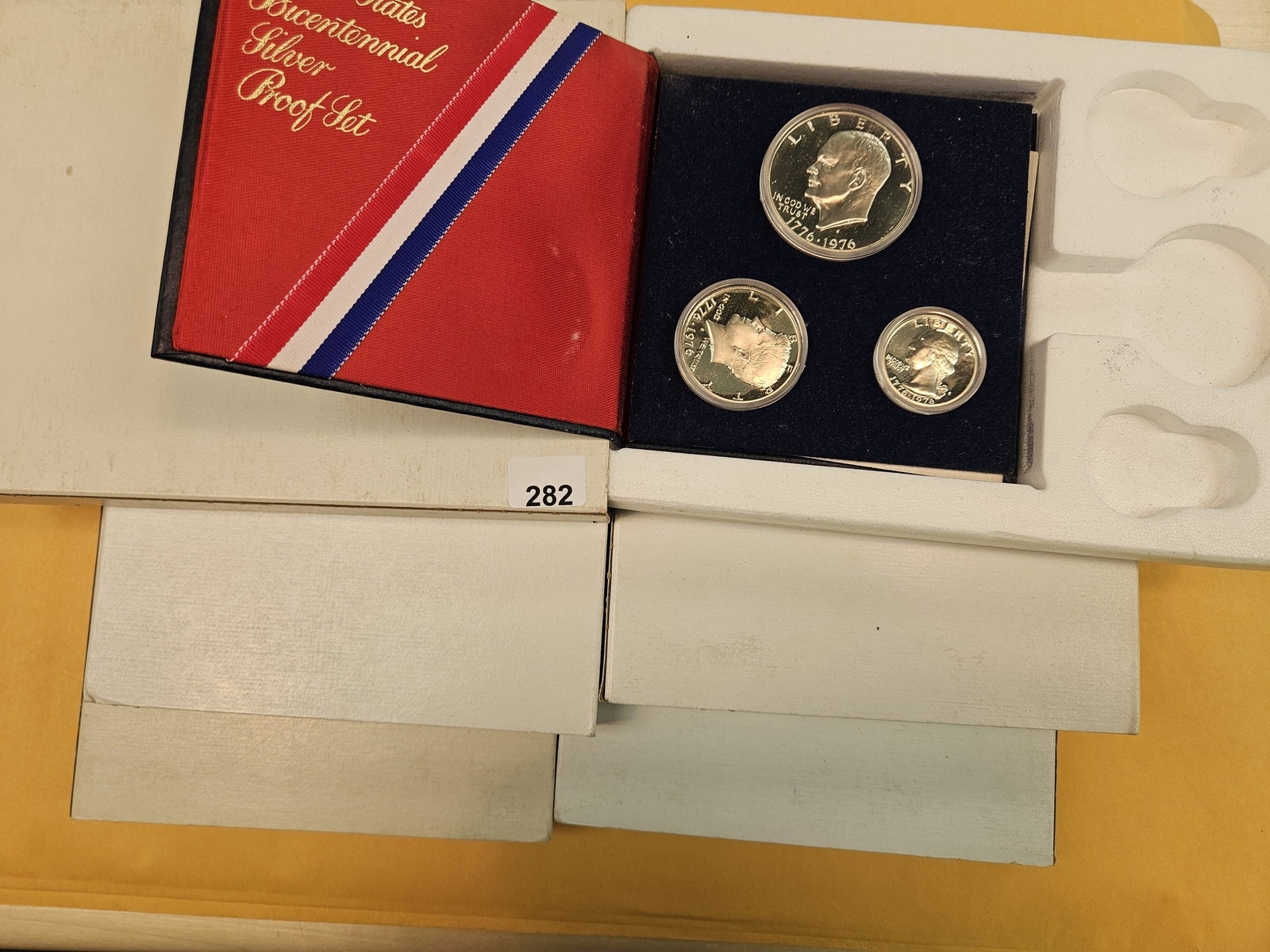 Five GEM Proof Silver 3-coin Bicentennial Sets: All in OGP and outer boxes