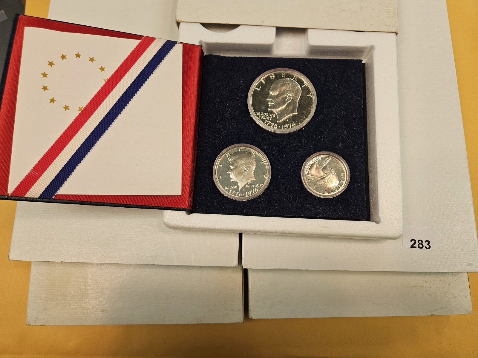 Five GEM Proof Silver 3-coin Bicentennial Sets: All in OGP and outer boxes