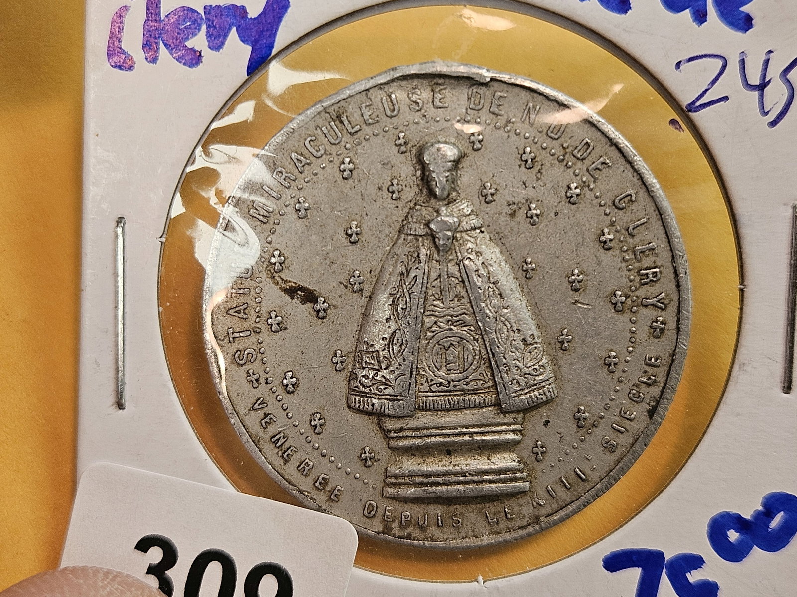 Scarce French 19th Century Church Medal: notre-dame de clery church 