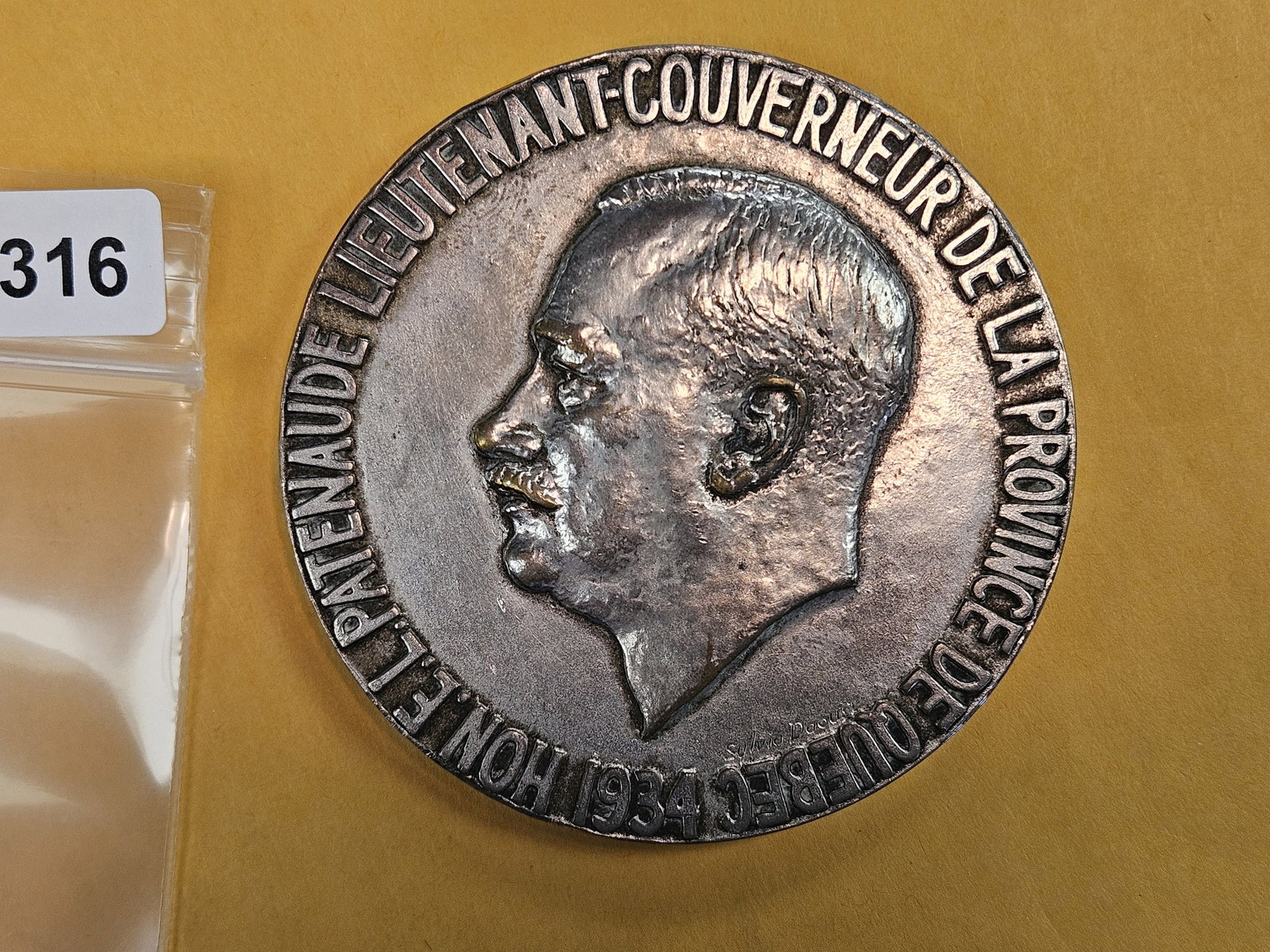 Large June 1937 Silver-Plated Medal: 71.5 mm silver plated medal honoring e.l. patenaude 17th lieutenant governor of quebec date 1934