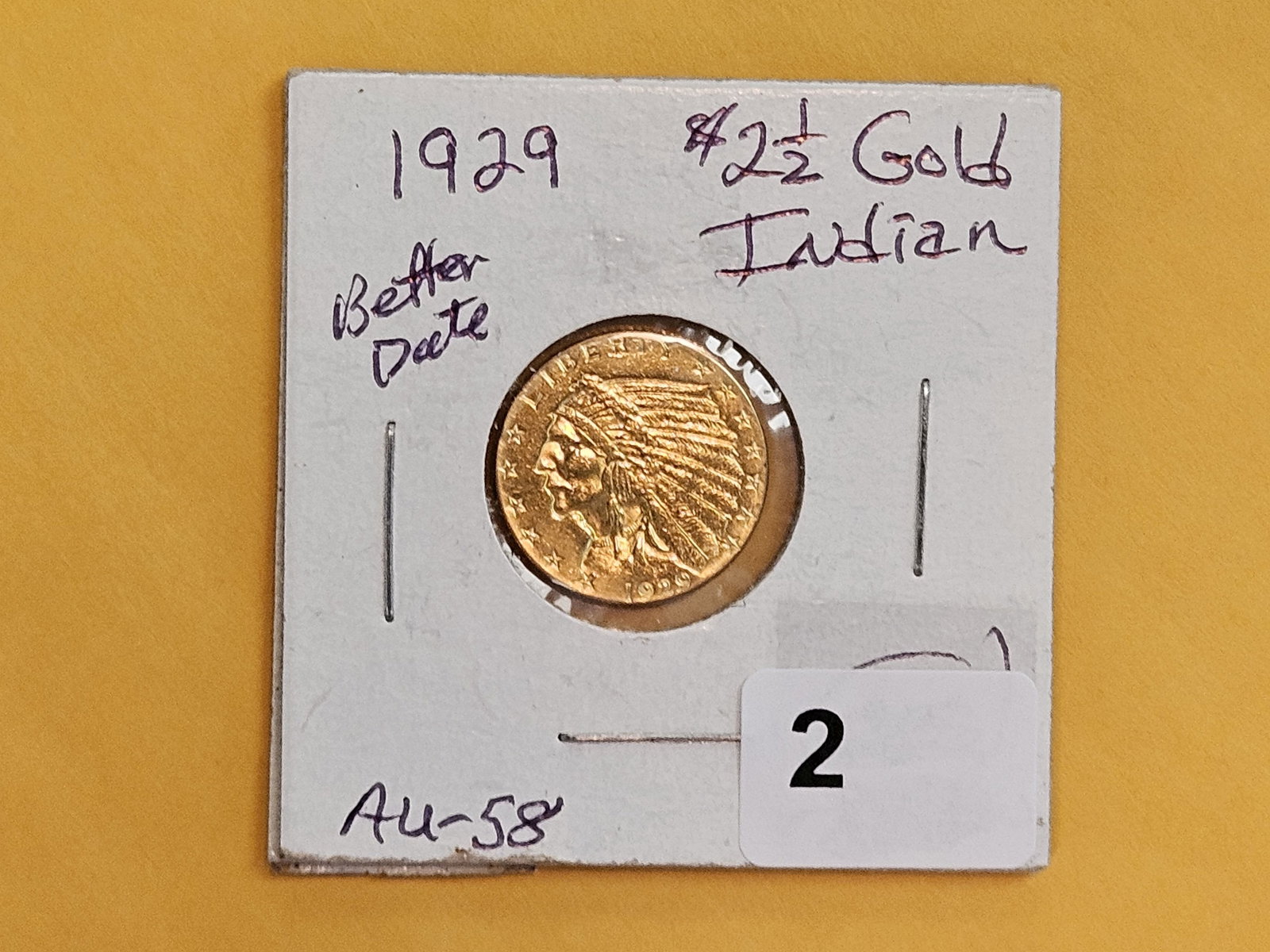 GOLD! Brilliant About Uncirculated plus - details 1929 Indian Head Gold $2.5 Dollars - 2