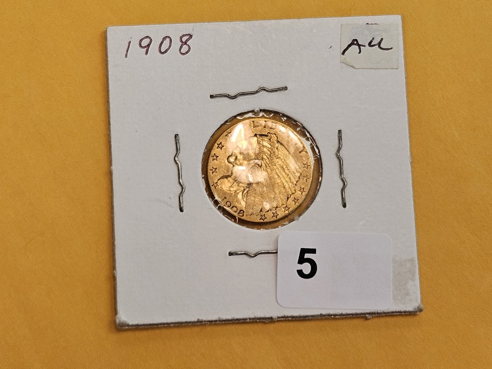 GOLD! Brilliant About Uncirculated 1908 Indian Head Gold $2.5 Dollars - 2