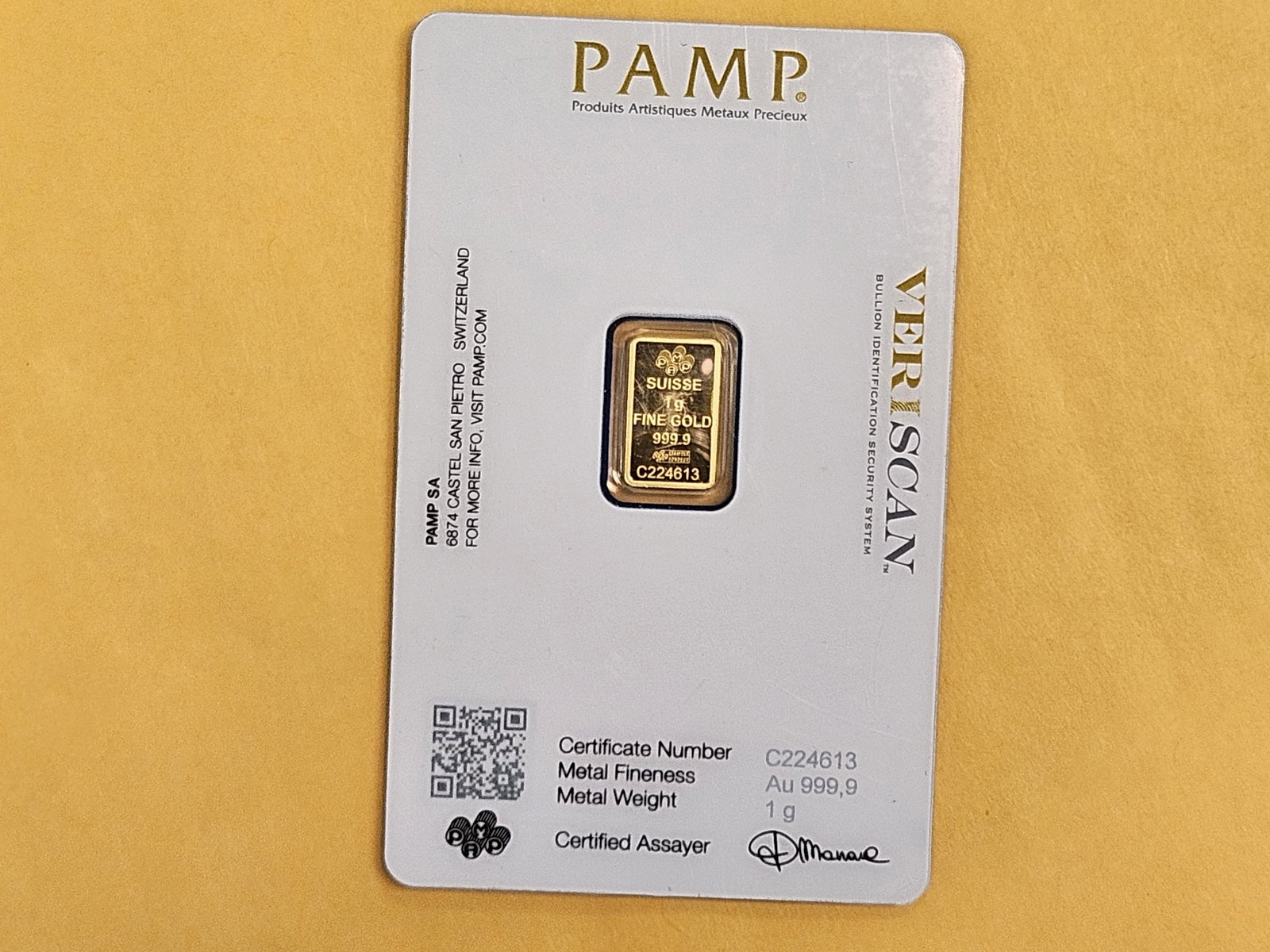GOLD! PAMP SUISSE One Gram .9999 fine Gold Bar - 3