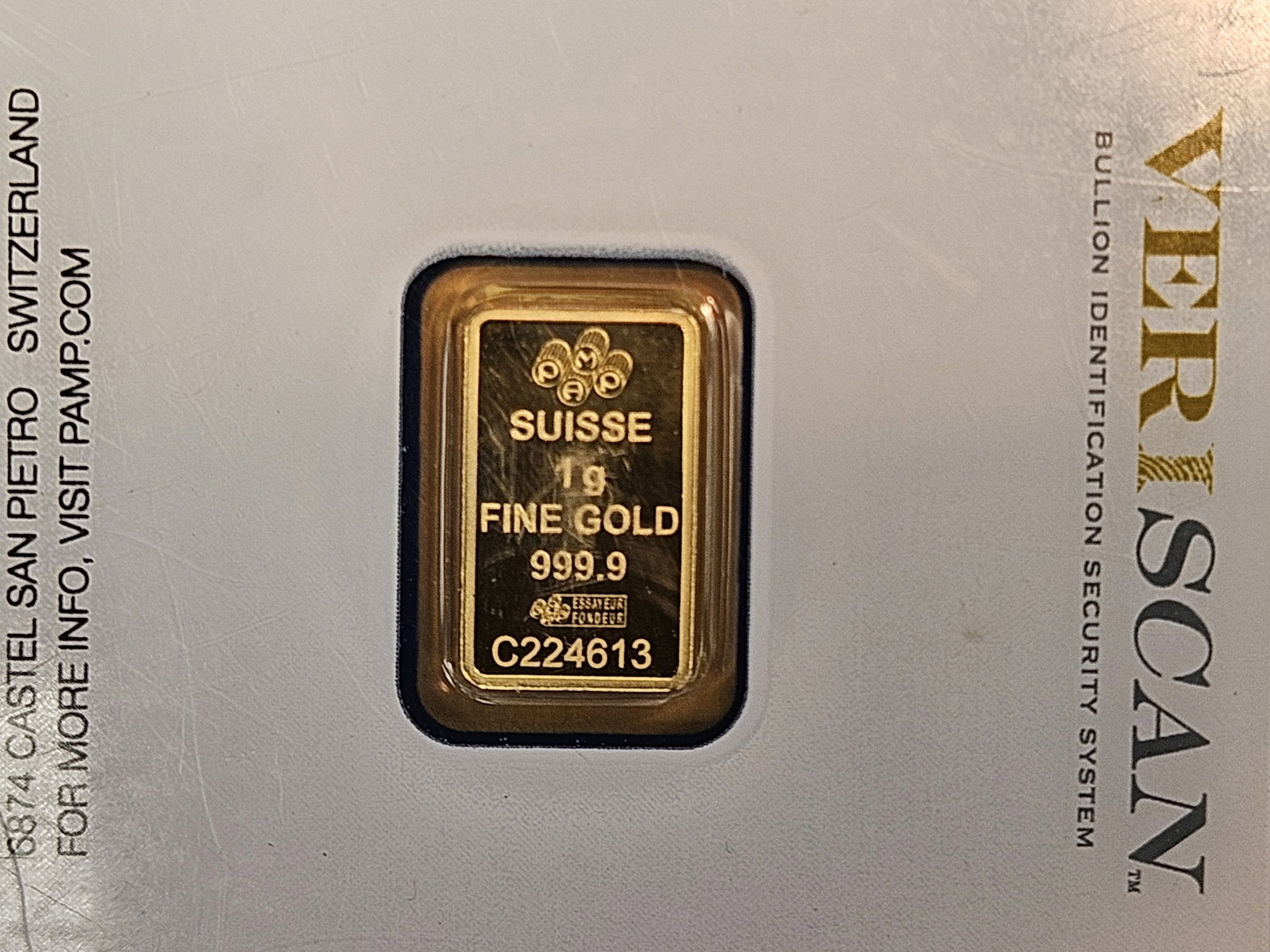 GOLD! PAMP SUISSE One Gram .9999 fine Gold Bar - 4