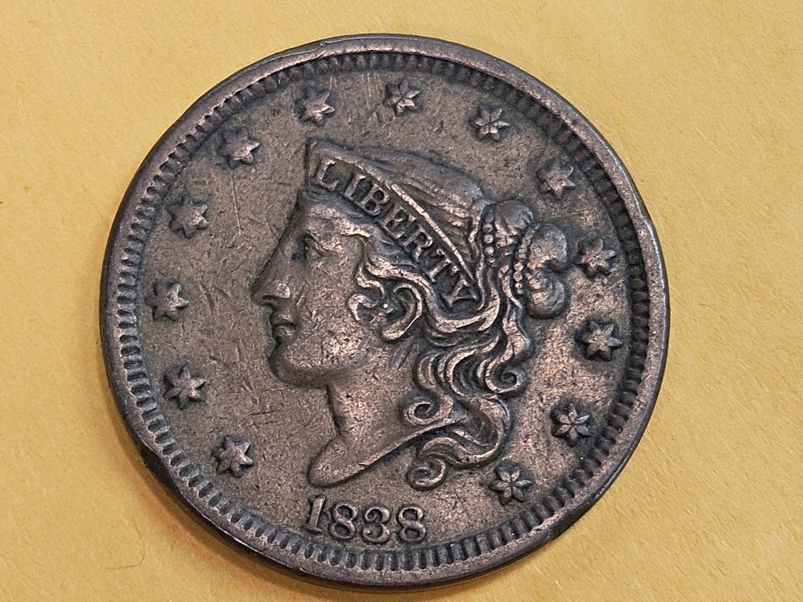 1838 Large Cent in Extra Fine: Sharp