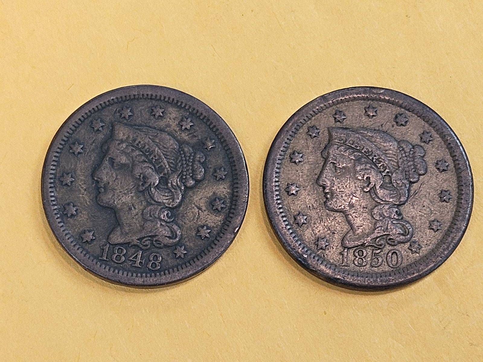 1848 and 1850 Braided Hair Large Cents: Both in Very Fine