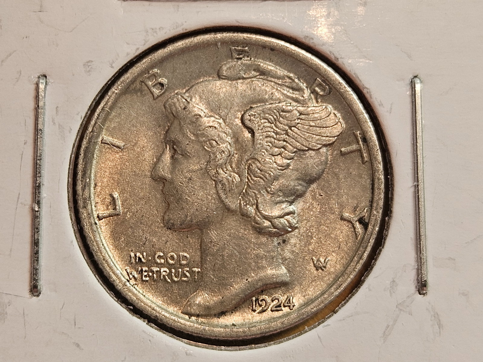 Choice AU-BU 1923 Mercury silver Dime: Original patina