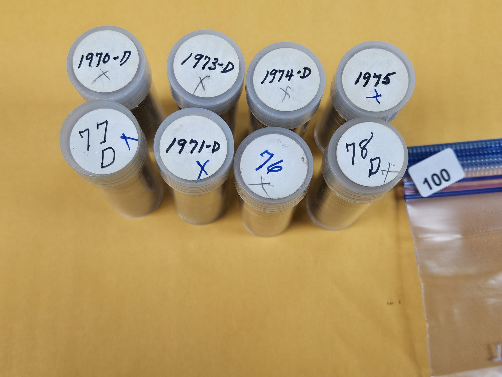 EIght mixed Brilliant Uncirculated Rolls of Roosevelt Dimes: Unopened by us. Unsearched by us. Came in a large estate. Happy hunting!