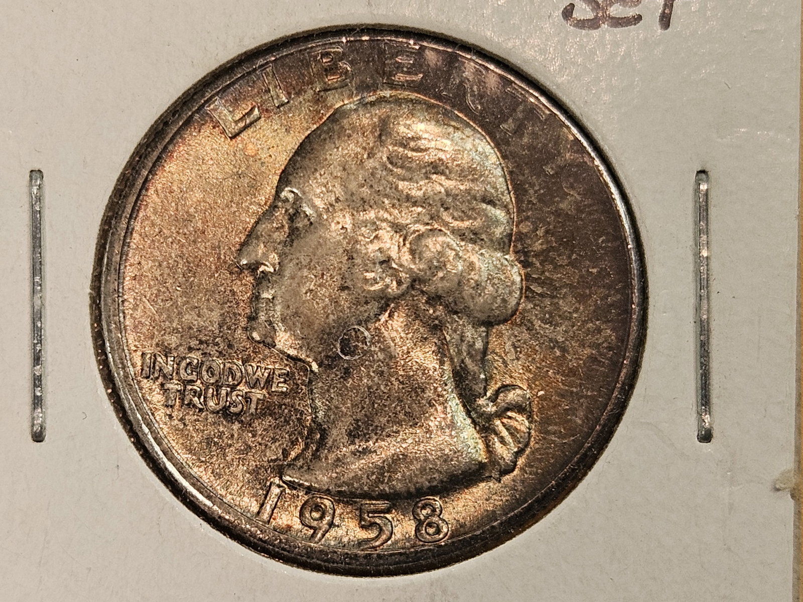 GEM Brilliant Uncirculated 1958 Washington Quarter: Pulled from a sealed Mint Set. Raspberry-purple patina