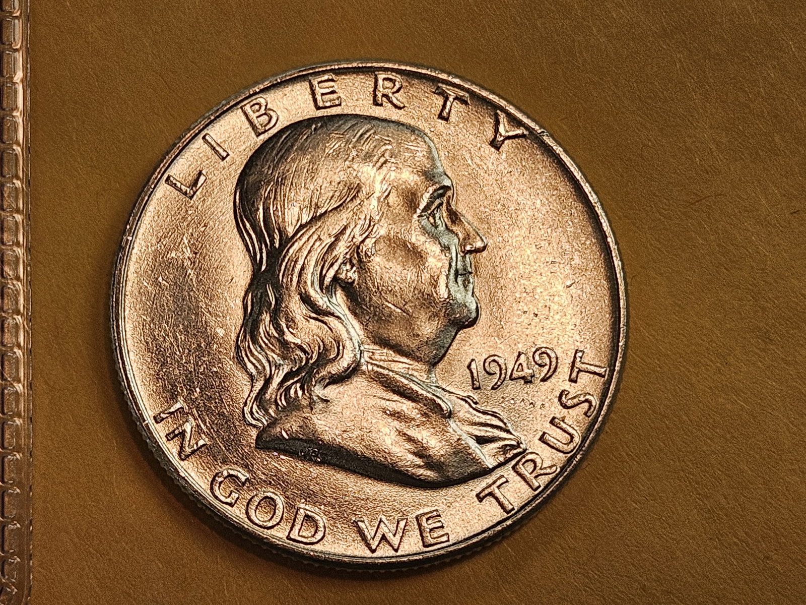 Choice Brilliant Uncirculated 1949 Franklin Half Dollar FBL: Full Bell Lines