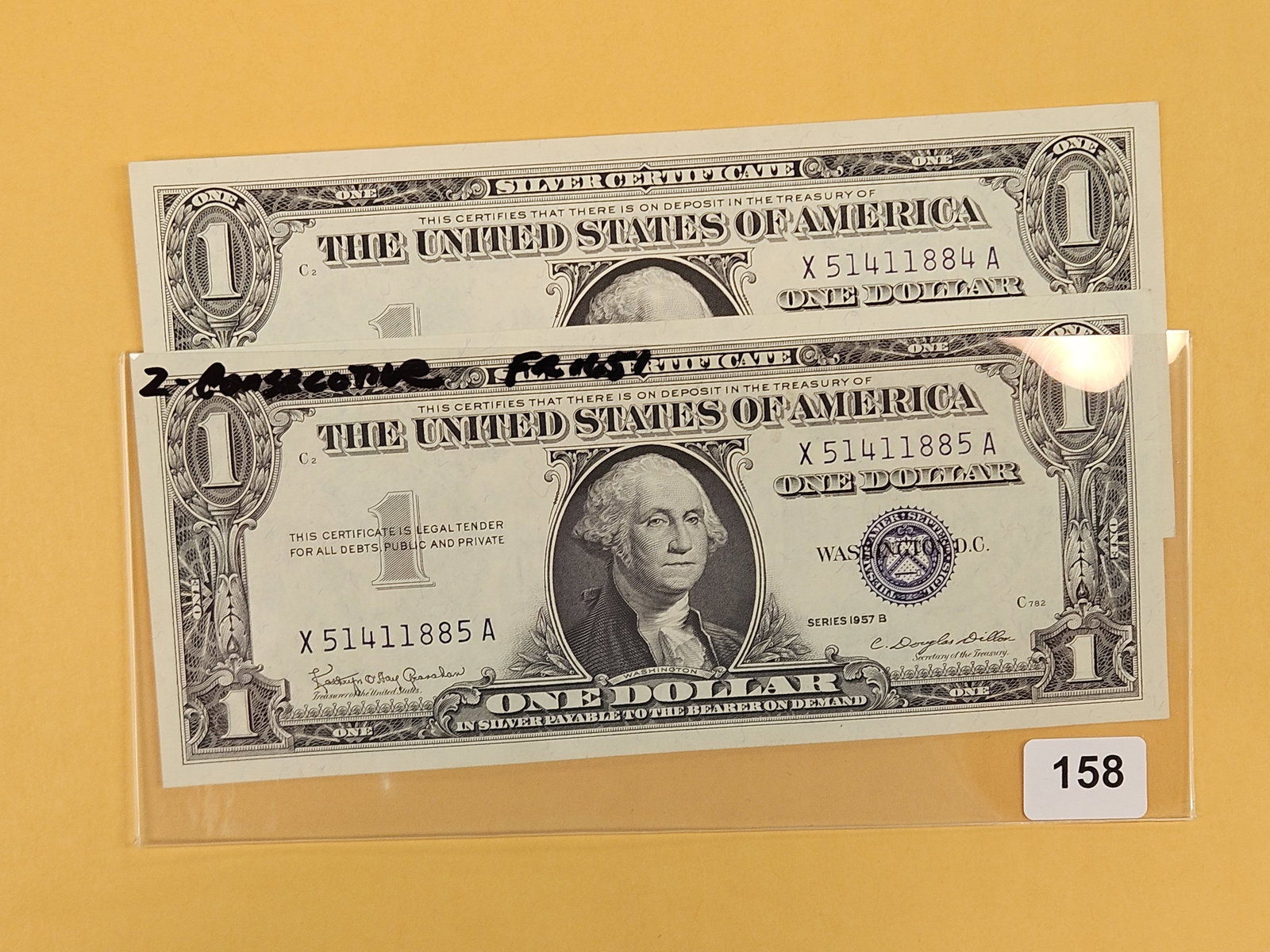 Two Consecutive, Crisp Uncirculated One Dollar Silver Certificates: Sequential! Series 1957-B