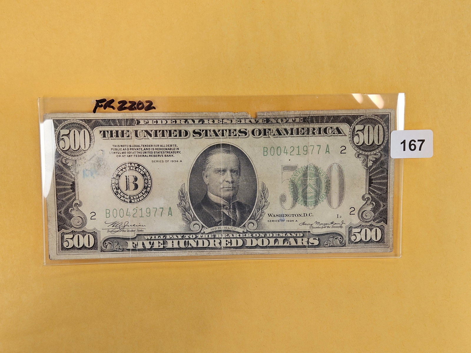 Scarce! Series 1934-A FIVE HUNDRED Dollar FRN: FR 2202. Circulated