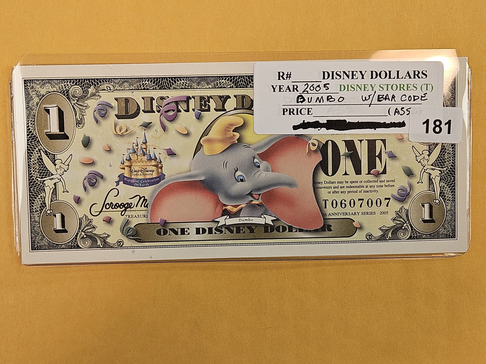 DISNEY DOLLAR! Crisp Uncirculated 2005-T One Dollar: Dumbo with bar code