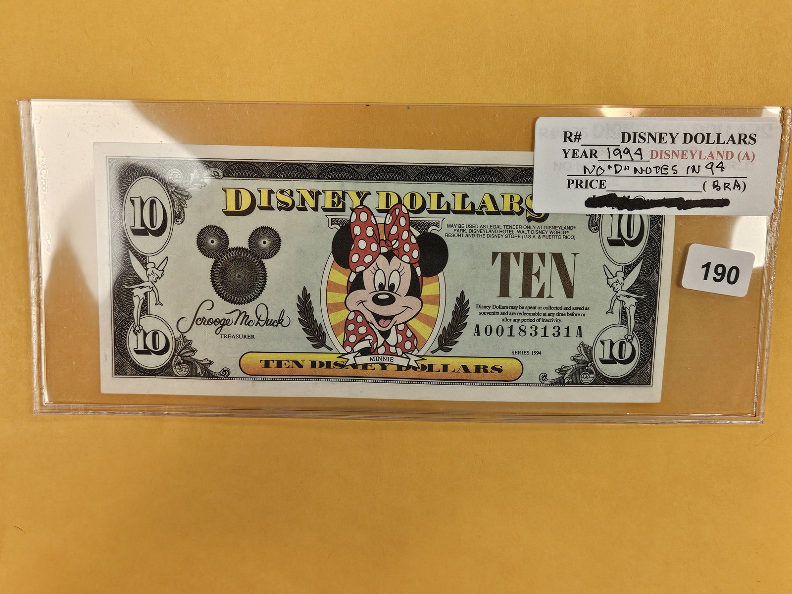DISNEY DOLLAR! Crisp Uncirculated 1994-A TEN Dollar: Minnie. Scarcer