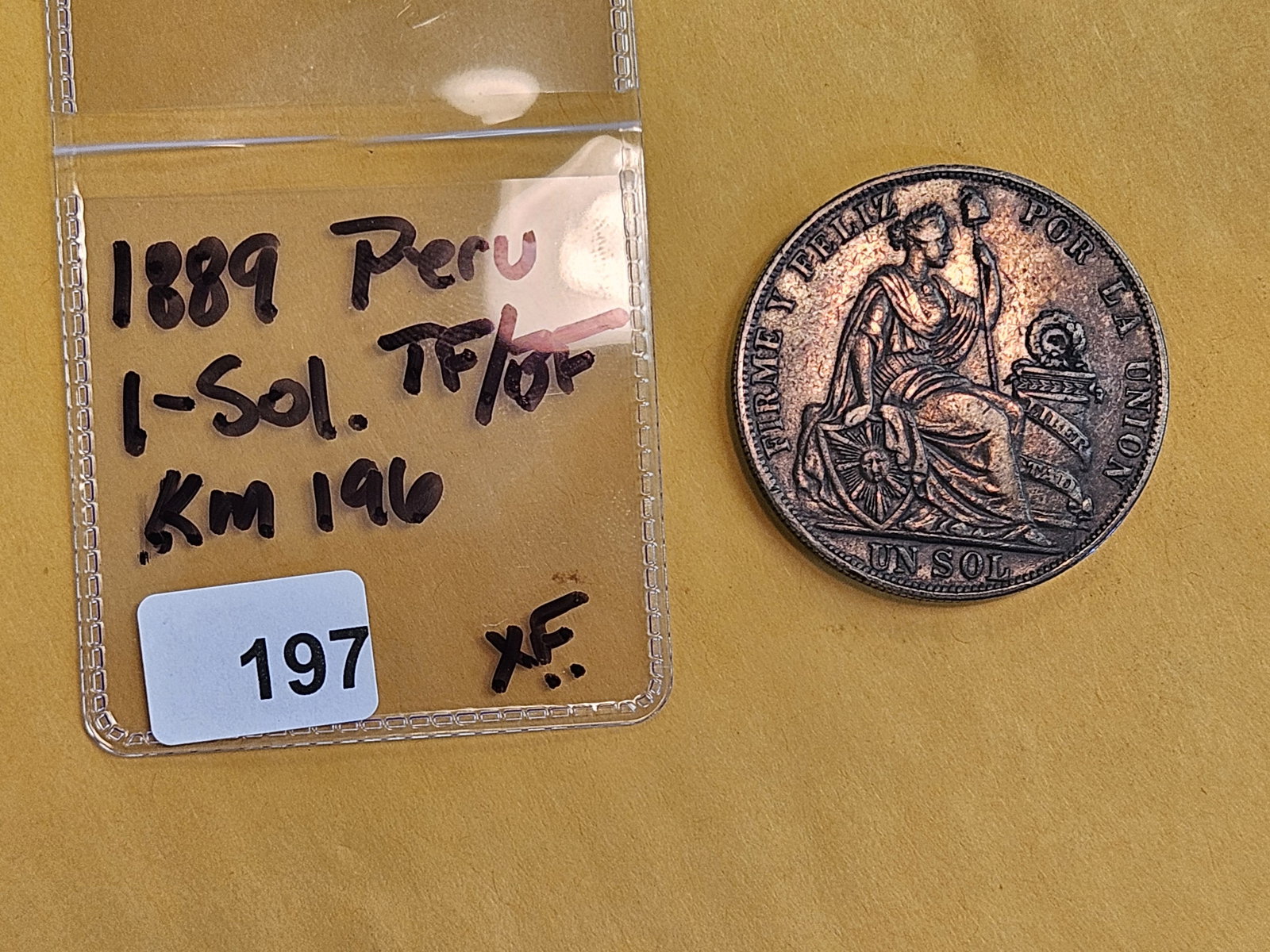 1889 Peru silver 1 sol in Extra Fine - 2