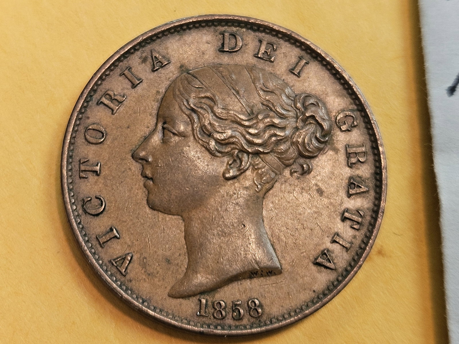 Choice About Uncirculated 1858/6 Great Britain 1/2 pence: KM 726. Beautiful brown