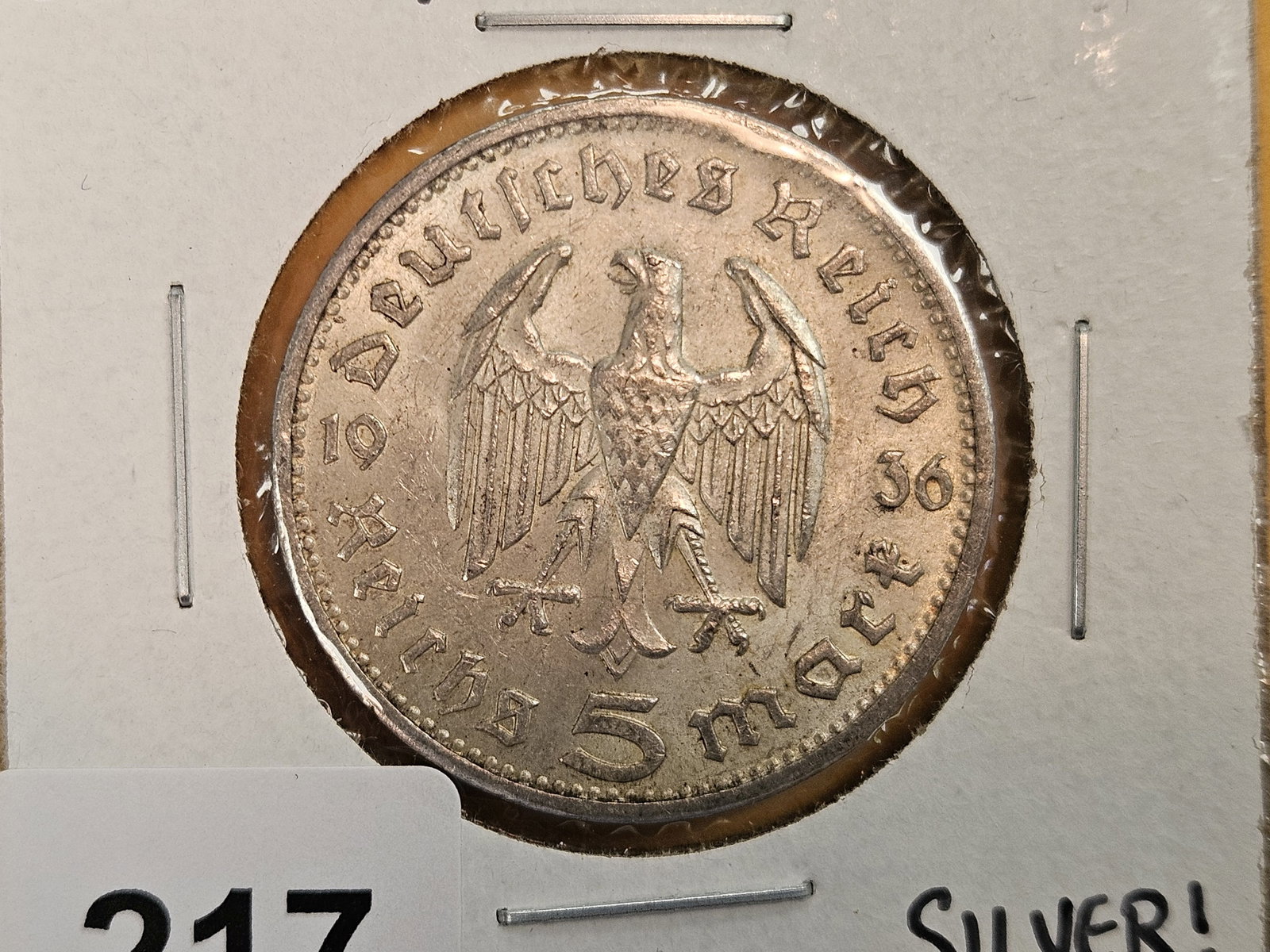 Choice Brilliant AU-BU 1936 German silver 5 reichsmark: Hindenburg