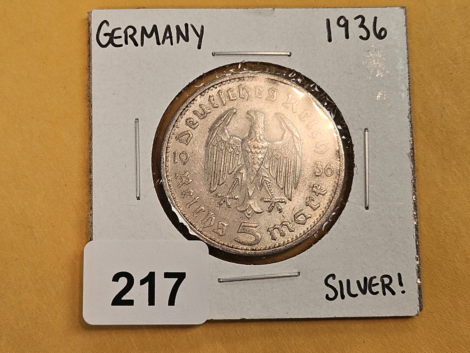 Choice Brilliant AU-BU 1936 German silver 5 reichsmark - 2