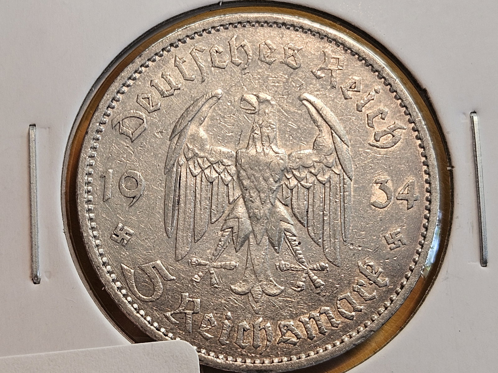 Choice Brilliant AU-BU 1934-A German silver 5 reichsmark: Church reverse