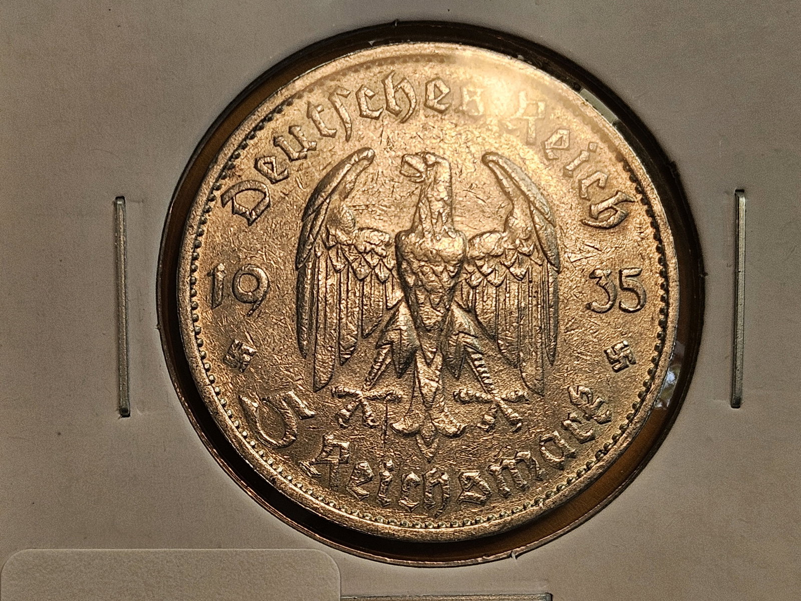 Choice Brilliant AU-BU 1935 German silver 5 reichsmark: Church reverse