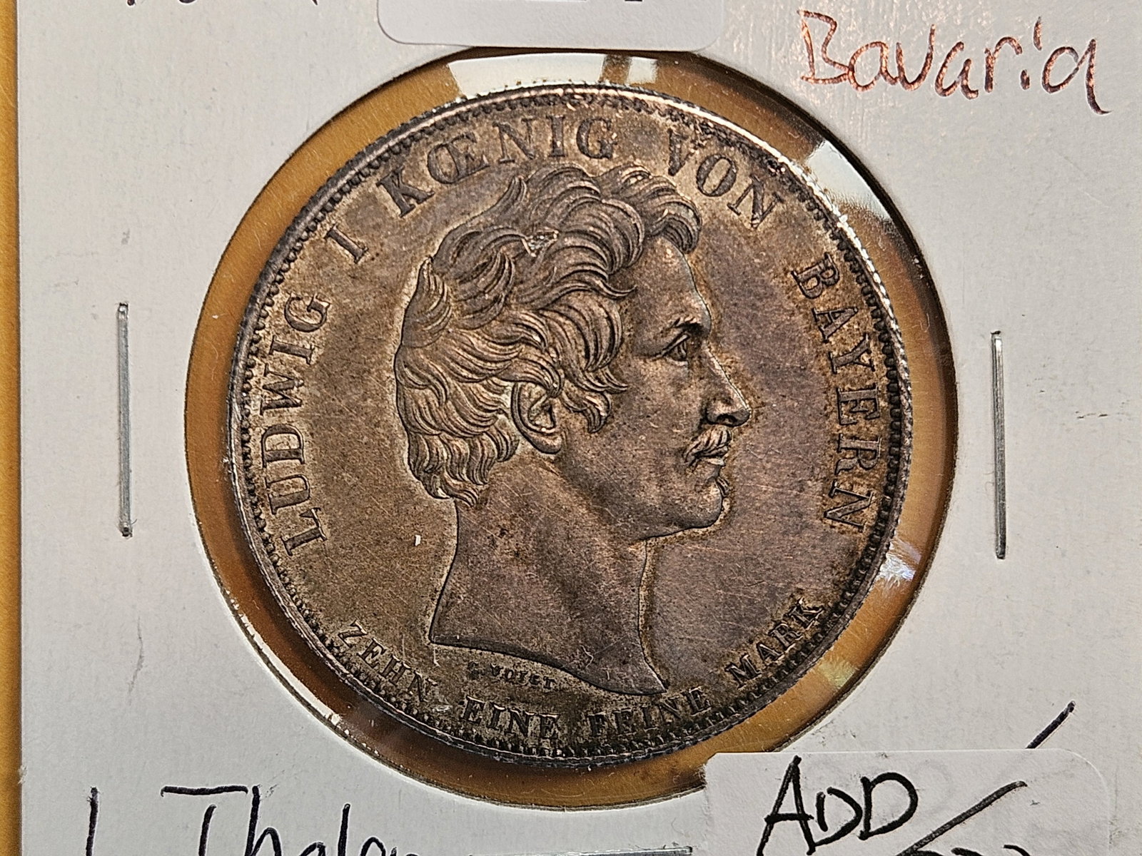 * Scarce! 1834 German States Bavaria silver One Thaler: KM # 765. Monument. Looks Uncirculated but may have been cleaned in the past. Completely re-toned