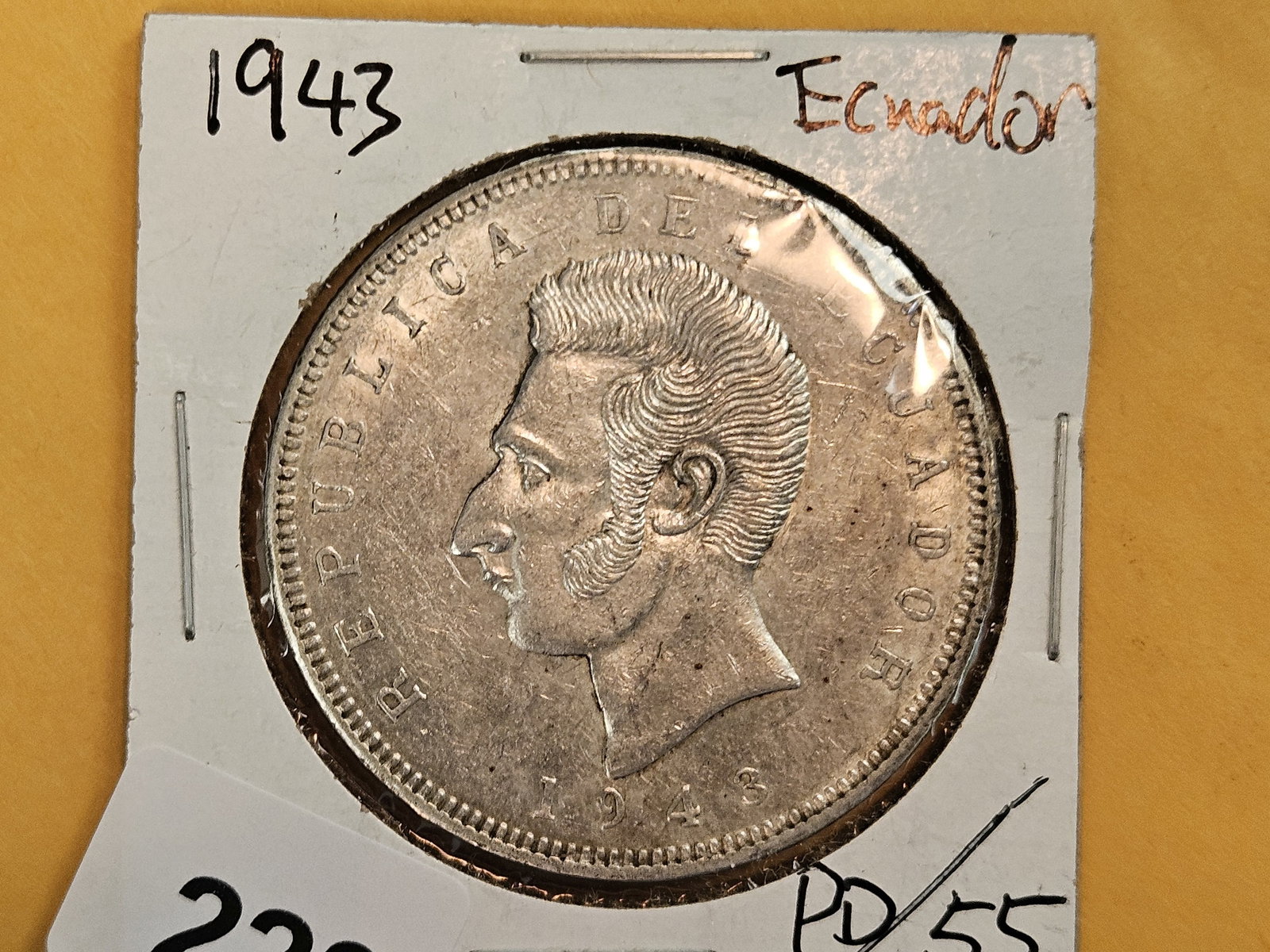 1943 Ecuador silver cinco sucres: Brilliant