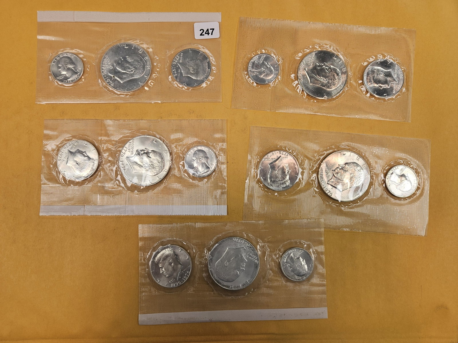 Five GEM Brilliant Uncirculated Bicentennial SILVER 3-coin sets: All three silver coins in each. In original blister packs