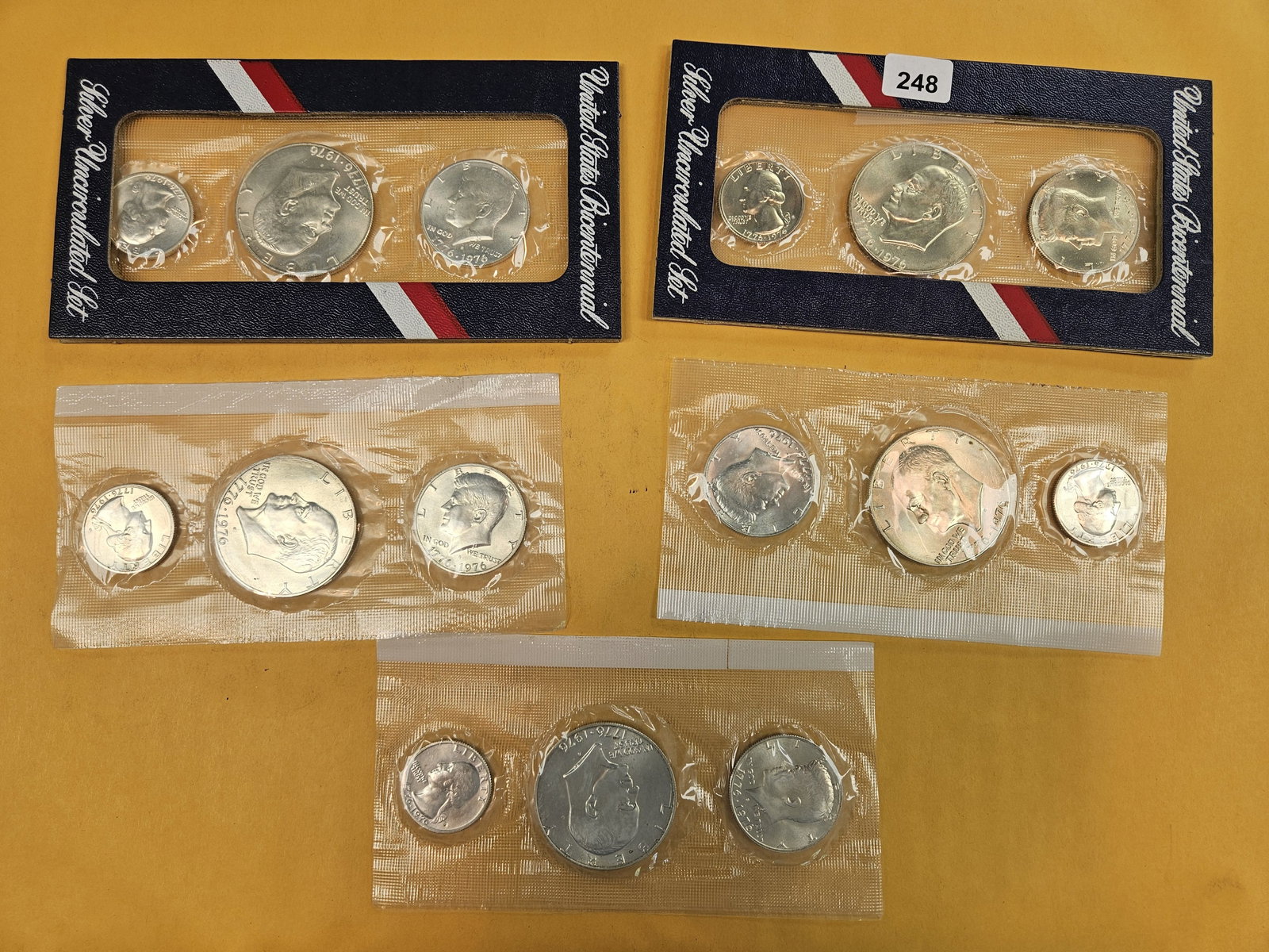Five GEM Brilliant Uncirculated Bicentennial SILVER 3-coin sets: All three silver coins in each. In original blister packs