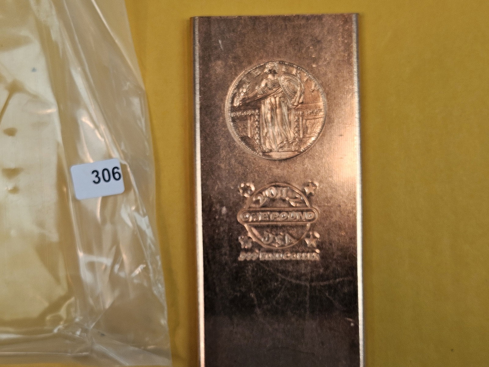 ONE POUND .999 fine copper art bar: Standing Liberty motif