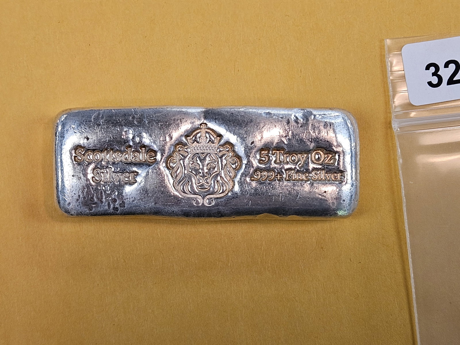 FIVE Troy ounce Poured .999 fine silver bar: Scottsdale Mint