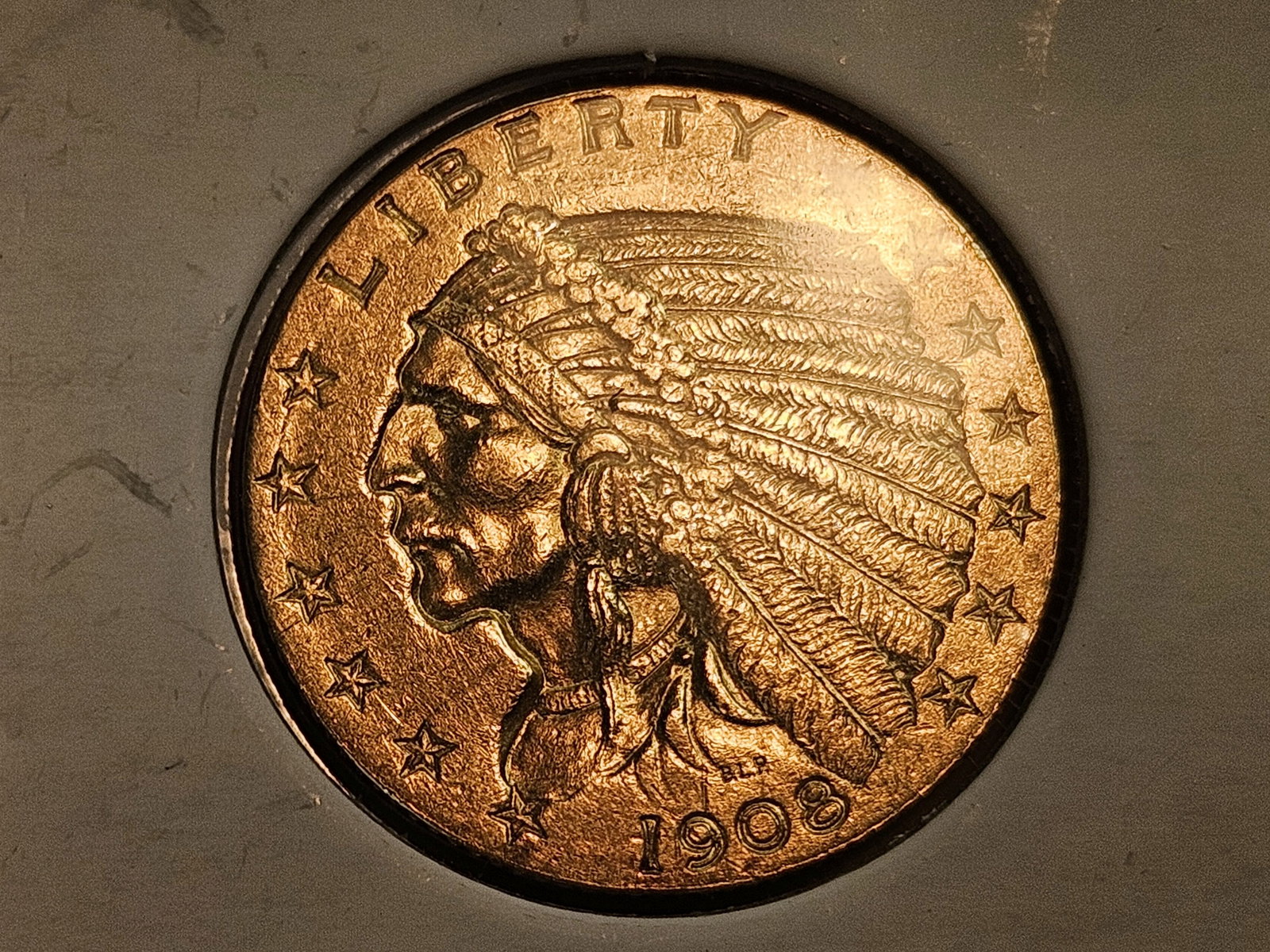 GOLD! Brilliant About Uncirculated plus 1908 Indian Head Gold $2.5 Dollars: Light scratches on reverse