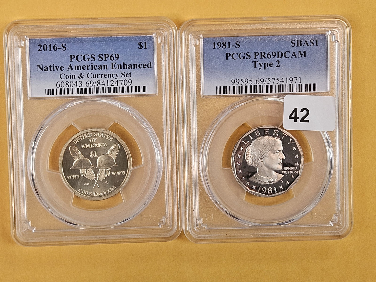 Two mixed, PCGS-graded, Near-Perfect Modern Dollars: 2016-S Native American Enhanced in Specimen 69 and a 1981-S Type 2 Susan B Anthony in PR 69 DCAM