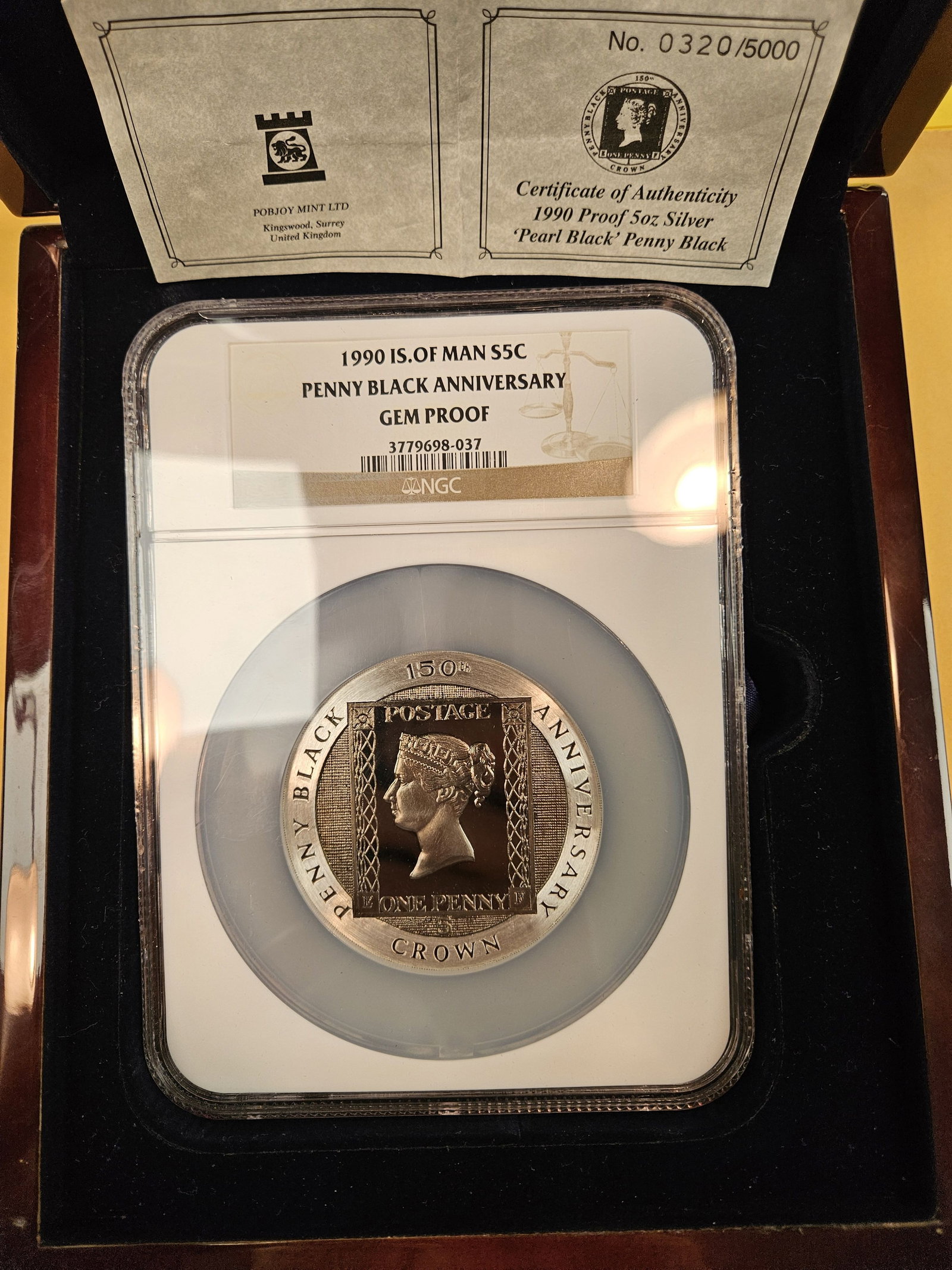 * GEM! NGC 1990 Isle of Man Silver Crown in GEM Proof: Five Troy ounces of .999 fine silver! Penny Black Anniversary. Graded and housed in a lovely wood (or wood-like) display case with Certificate of authenticity (COA)