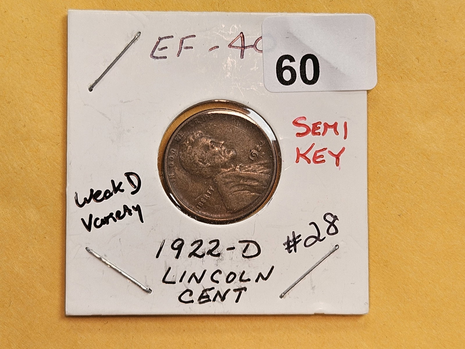 * Semi-Key 1922-D Wheat cent in Extra Fine - 2