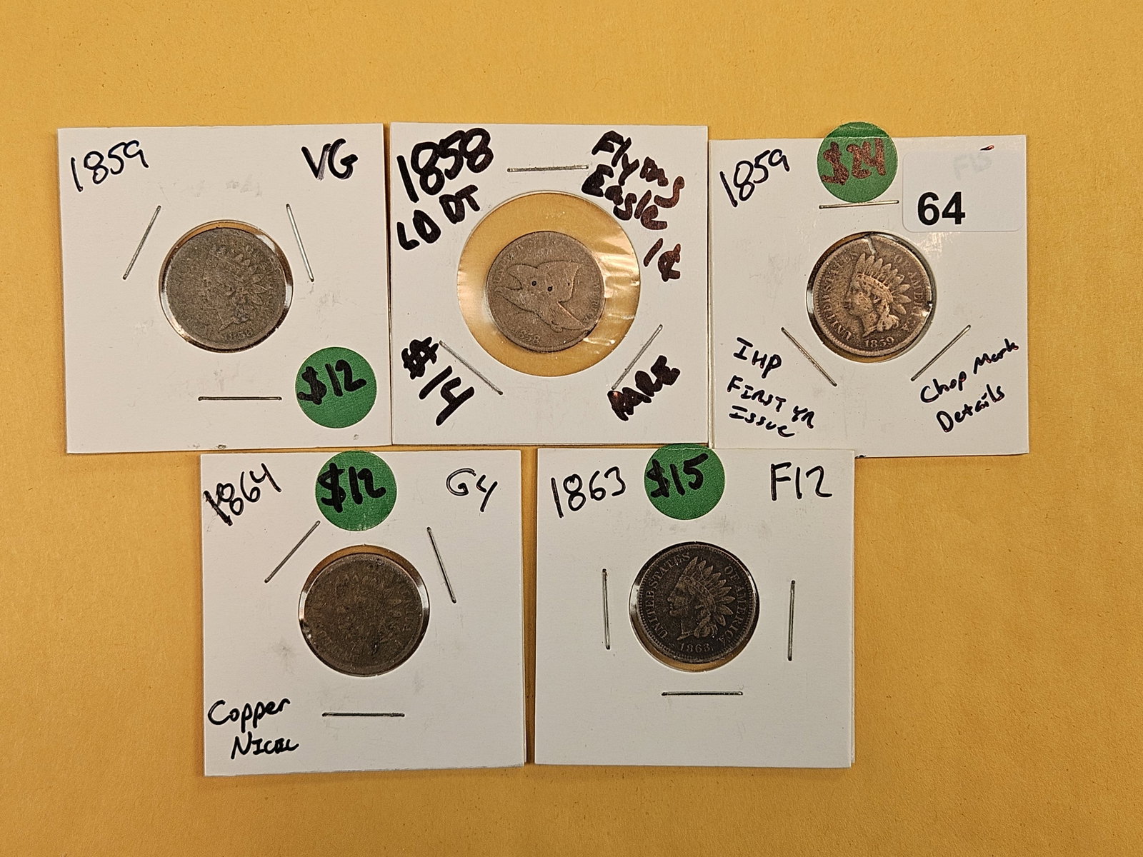 Five mixed Small cents: Indian and Flying Eagle. All well circulated