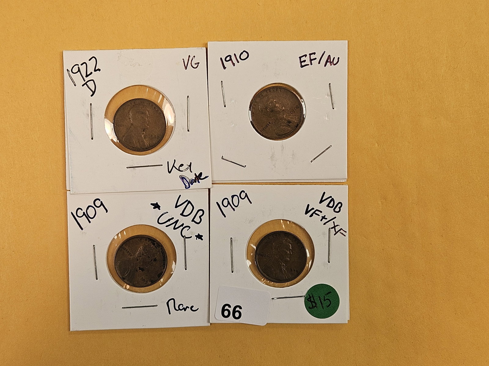 Four better date Wheat cents: Semi-Key 1922-D, 1910 and two 1909-VDB