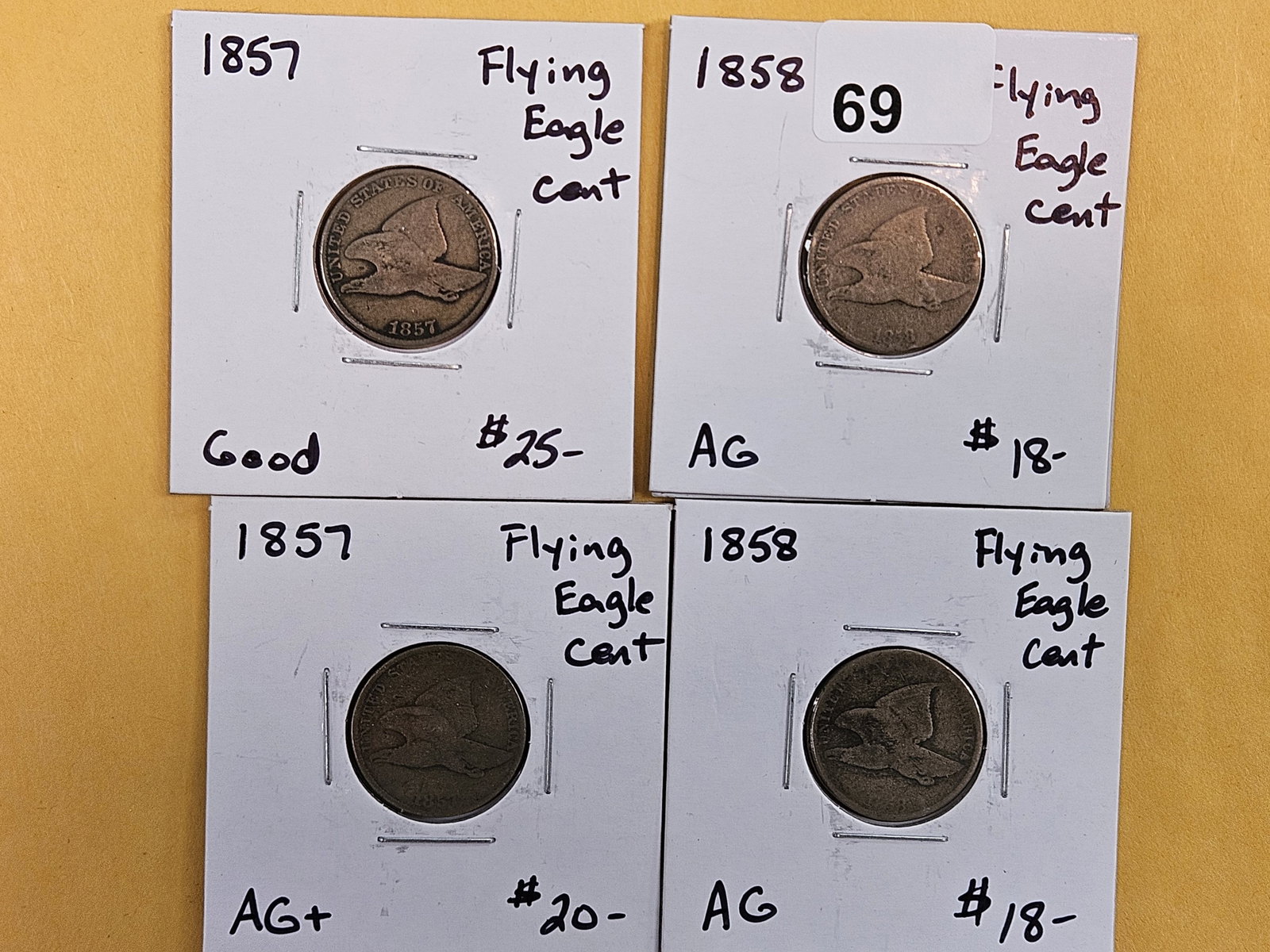 Four mixed Flying Eagle Cents: 1857 and 1858