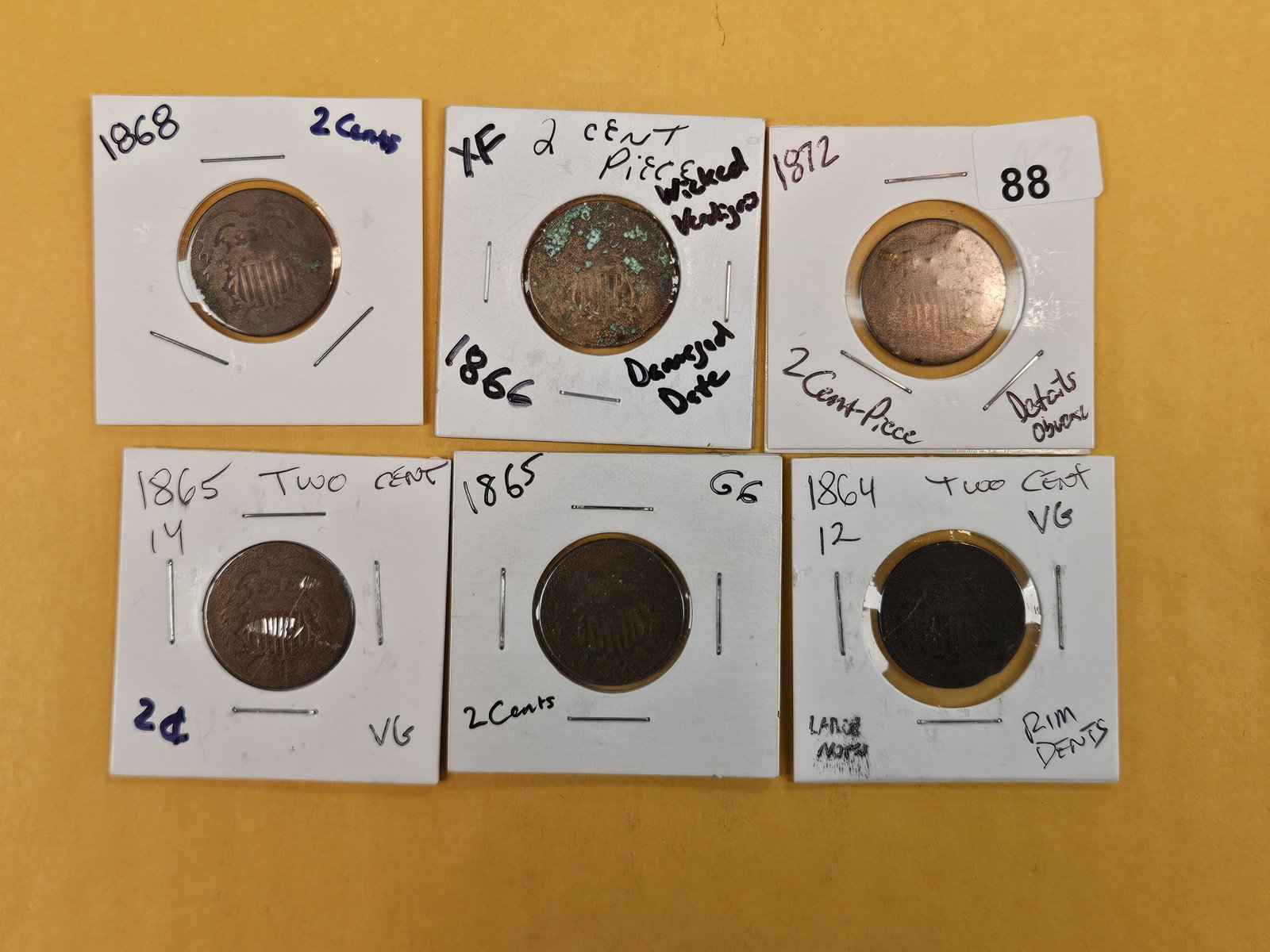 Six mixed 2-Cent pieces: All well circulated