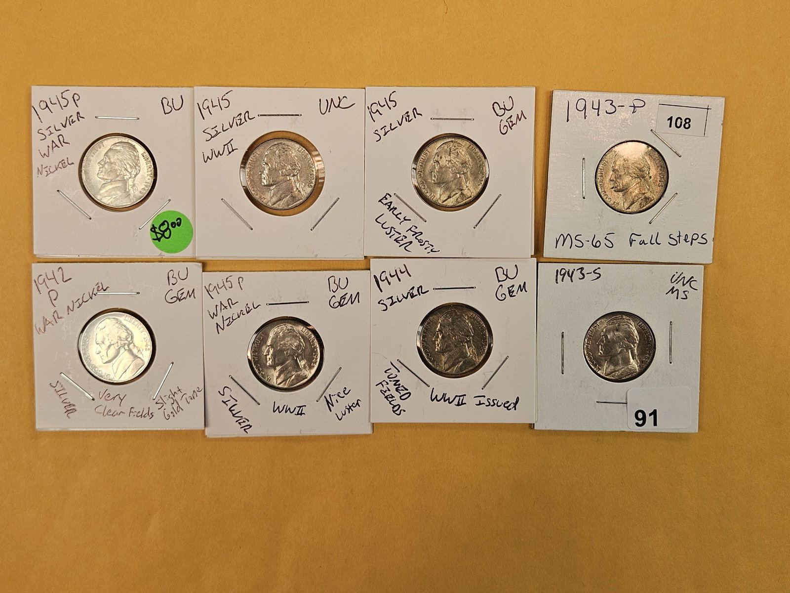 Eight mixed Silver Wartime Jefferson Nickels: Couple nice BU ones