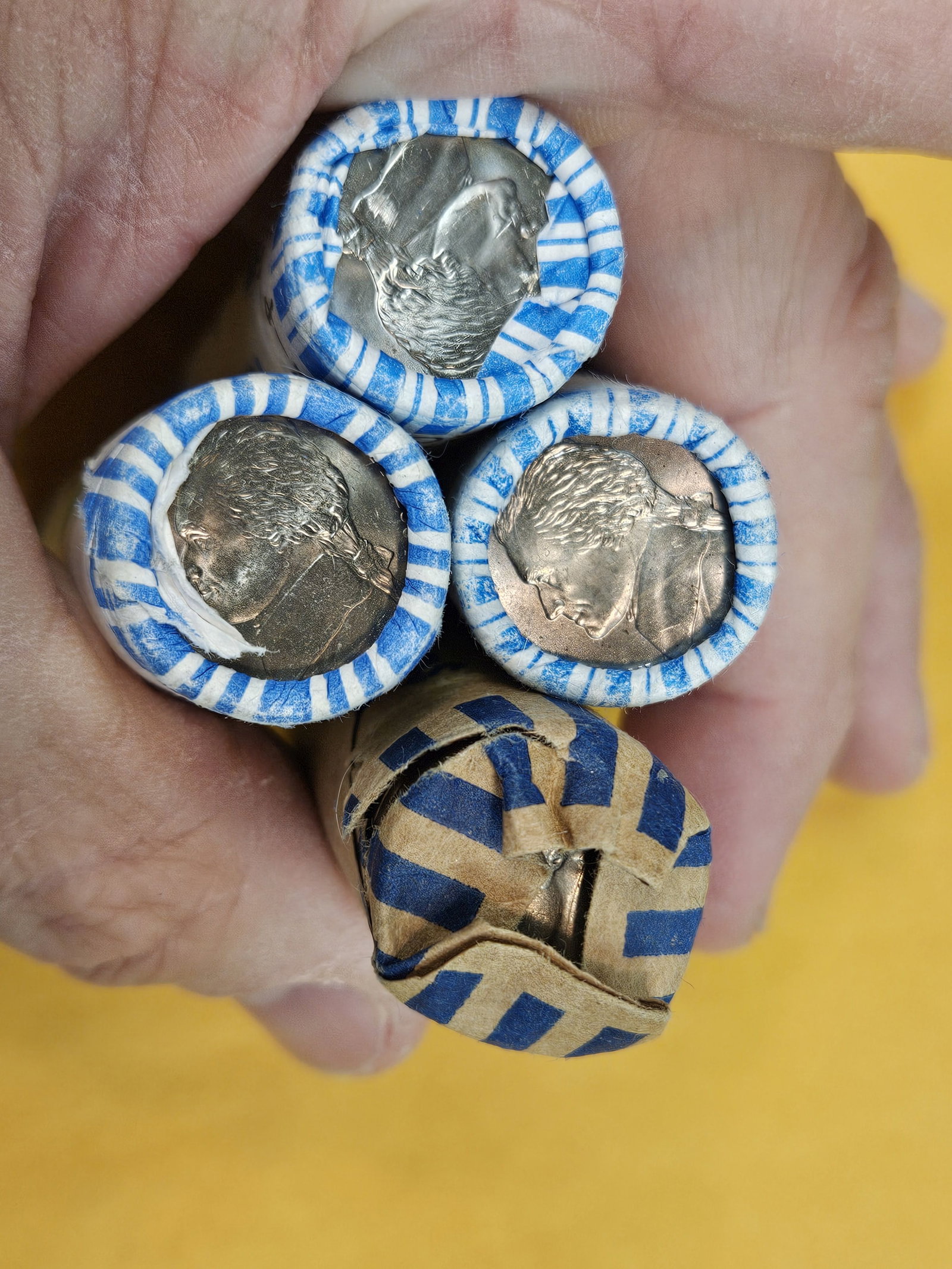 Four bank-wrapped rolls of Jefferson Nickels - 2