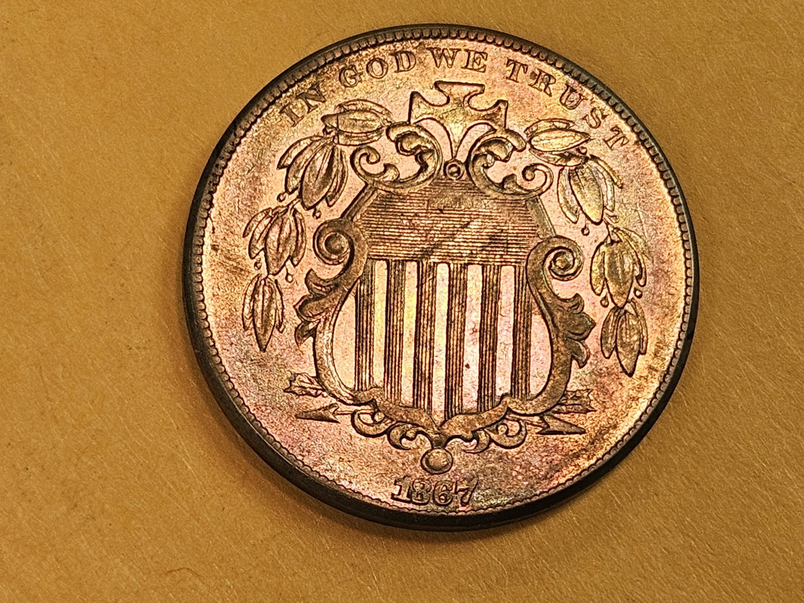 Choice Brilliant About Uncirculated plus 1867 Shield Nickel: No rays