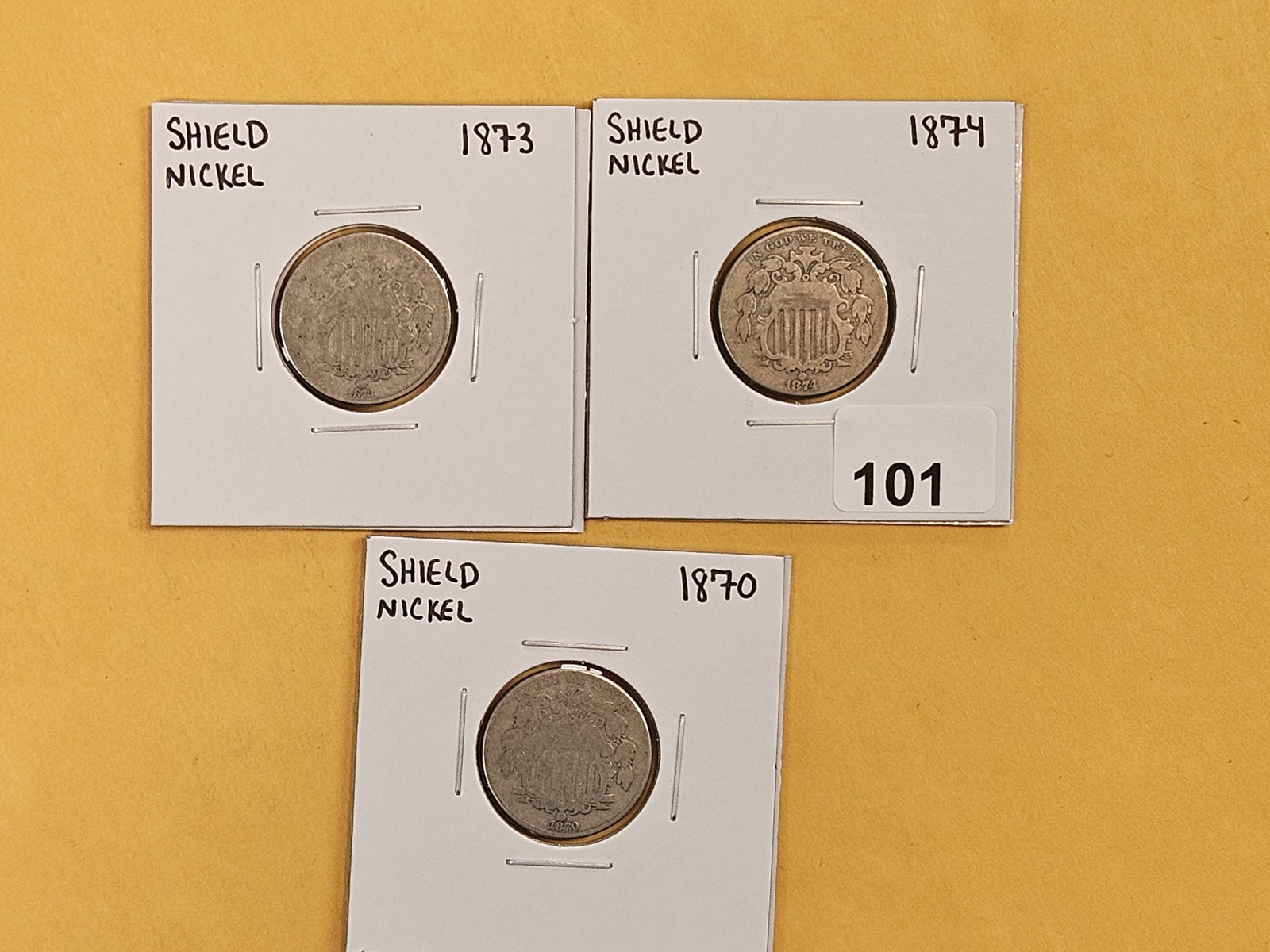 Three little better Shield Nickels in Good to Very Good: 1873, 1874 and 1870