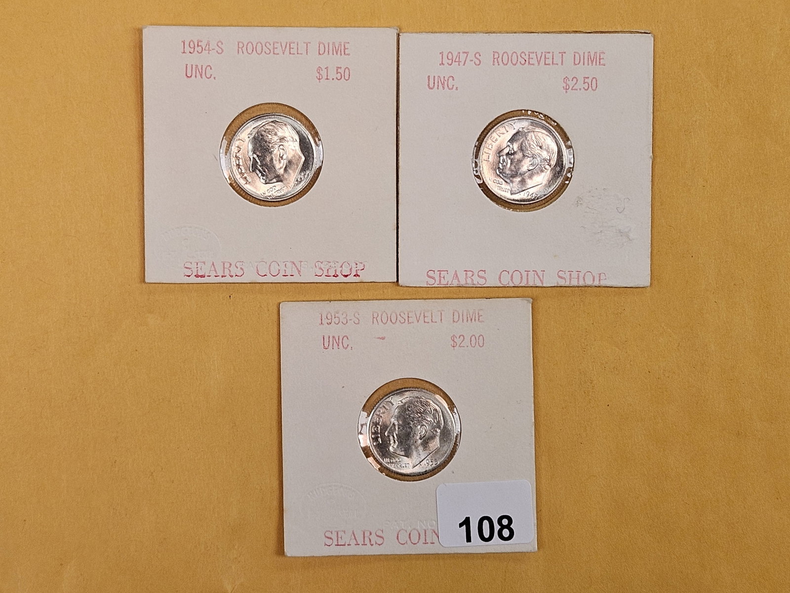 Three GEM Brilliant uncirculated silver Roosevelt Dimes: 1954-S, 1947-S and 1953-S