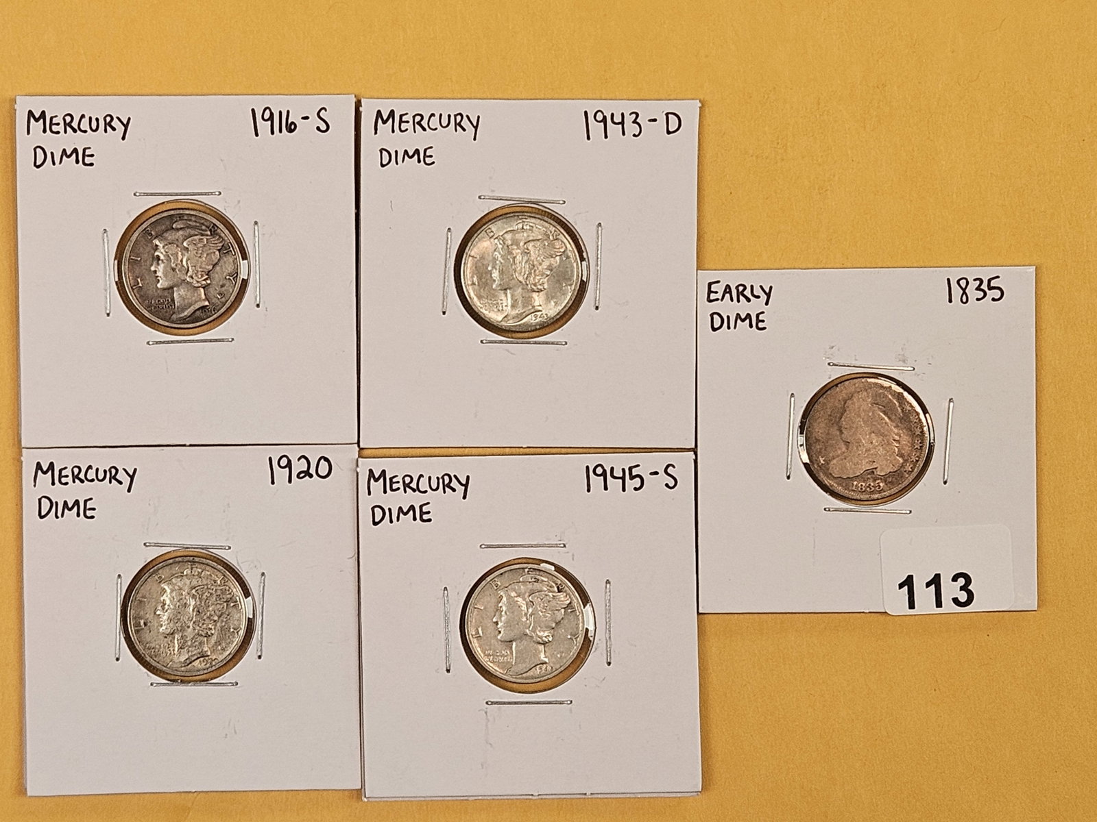 Five mixed Silver Dimes: Four Mercury and one Capped Bust