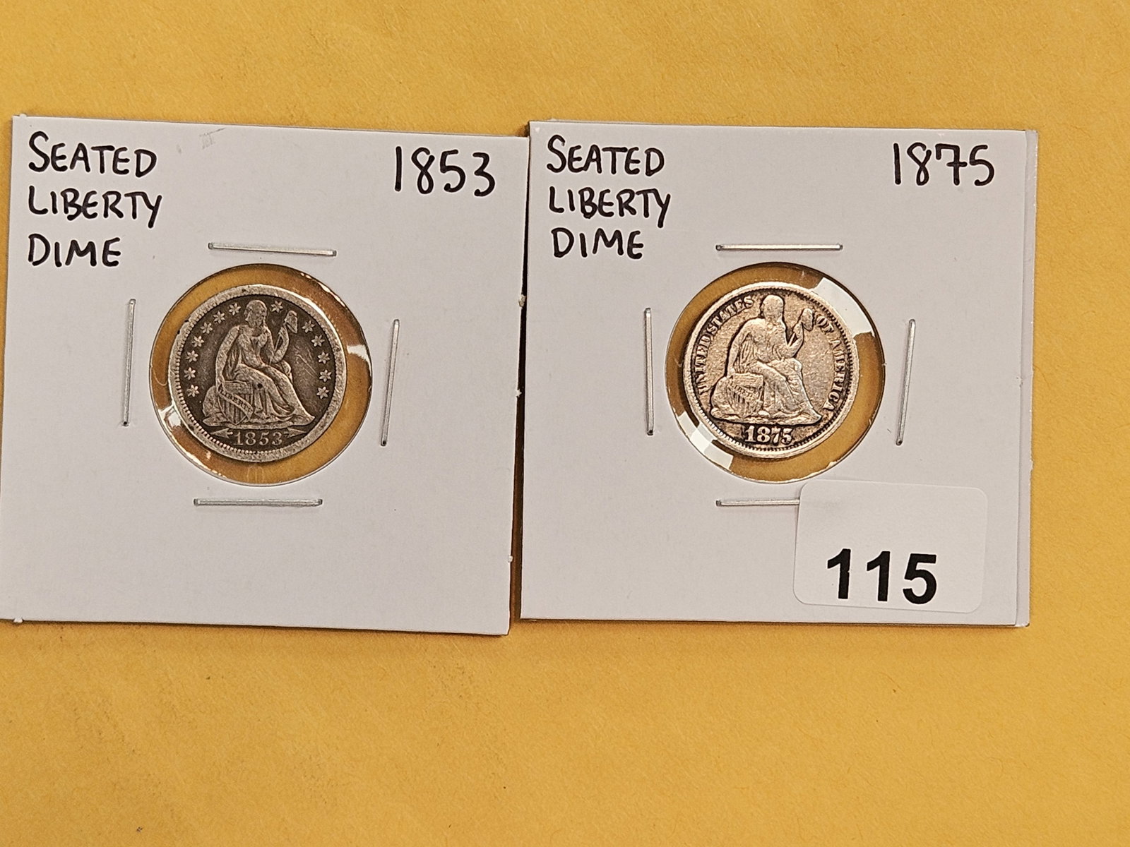 1853 with Arrows and 1875 Seated Liberty Silver Dimes: In Fine to Very Fine Fine - details