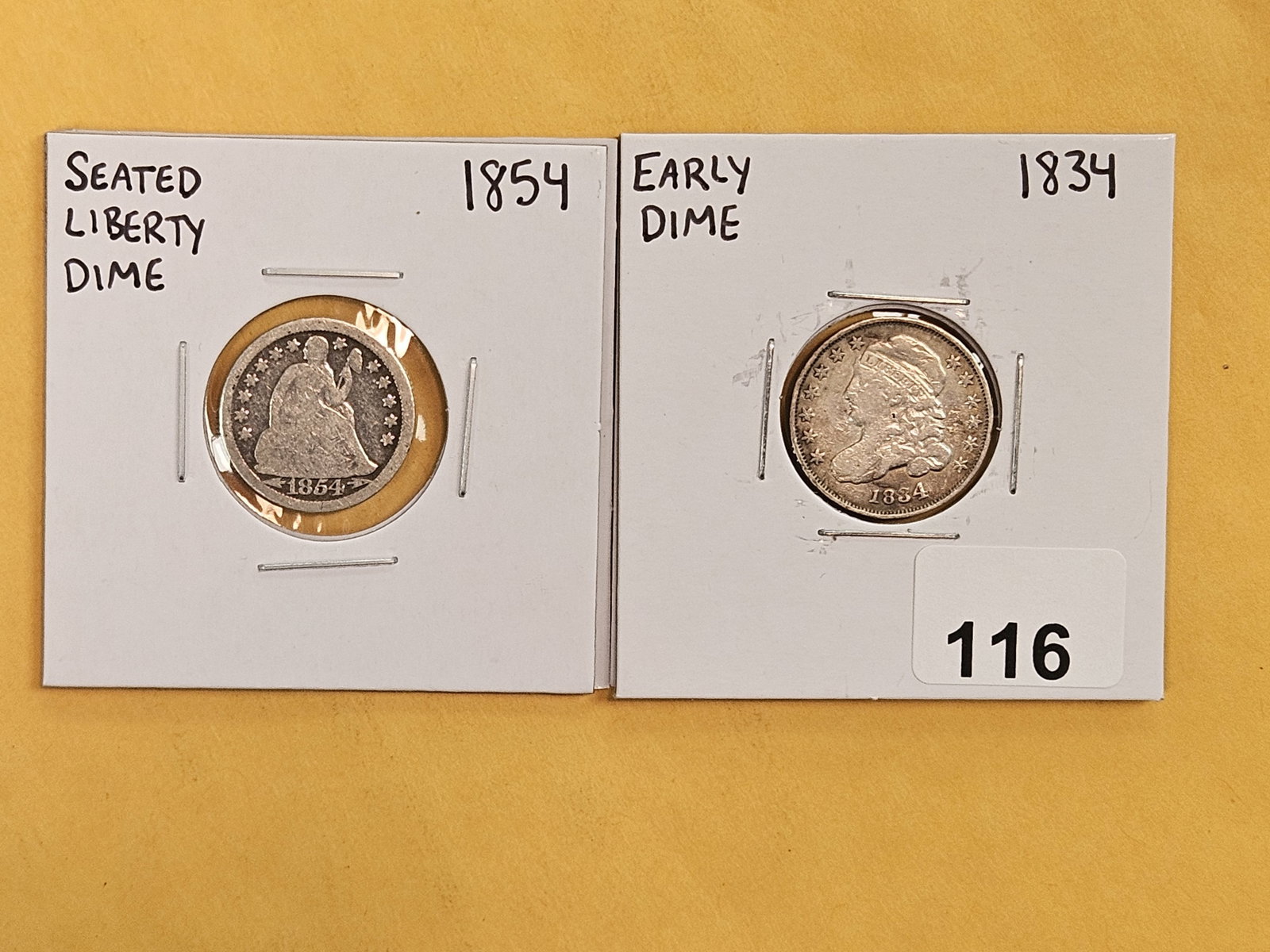 1854 with Arrows Seated Liberty and 1834 Capped Bust Silver Dimes: Both lightly cleaned