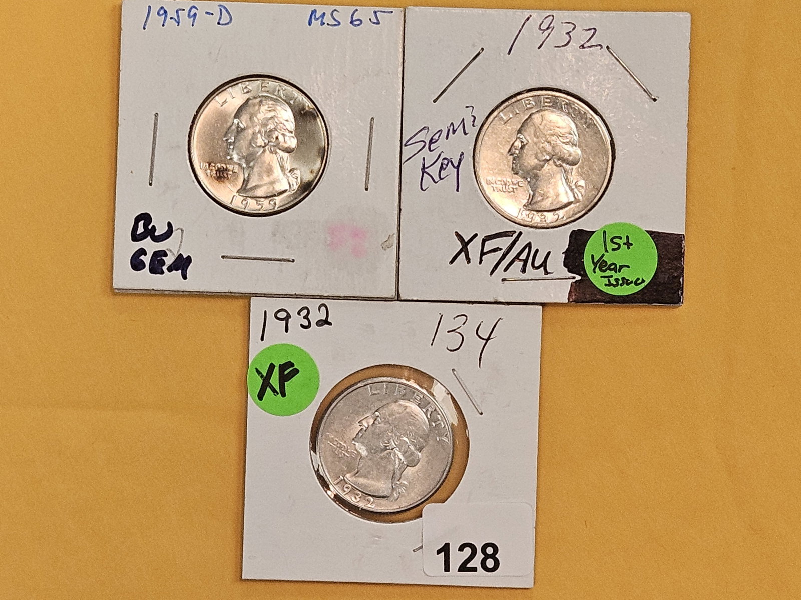 Three Bright Silver Washington Quarters: In Extra Fine through Choice Brilliant Uncirculated