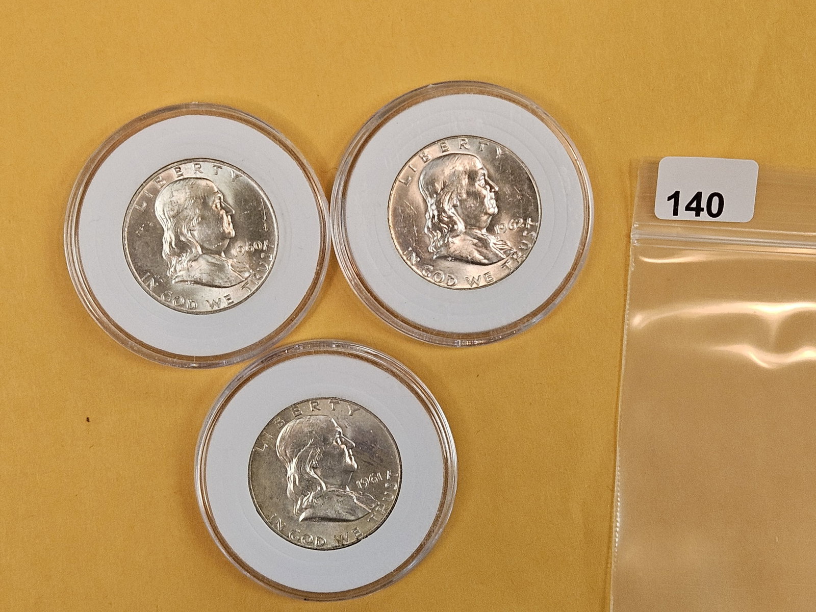 Three mixed, Brilliant Uncirculated, Silver Franklin Half Dollars (1 of 3)