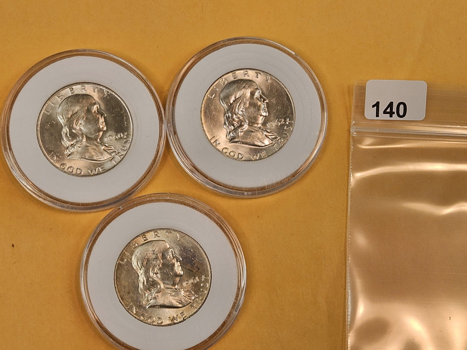Three mixed, Brilliant Uncirculated, Silver Franklin Half Dollars - 2